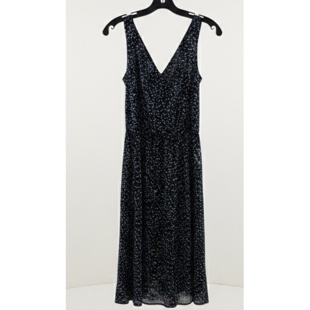 Kaileigh Navy Blue Polka Dot Crisscross Back V-Neck Midi Dress Large Made in USA